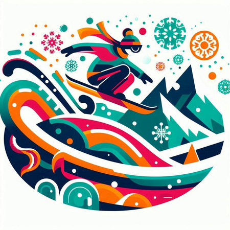 Snowboarder jumping over snowflakes, abstract vector illustration.のイラスト素材