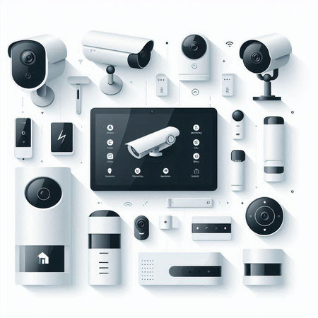 Vector illustration of cctv camera and security system on white backgroundのイラスト素材