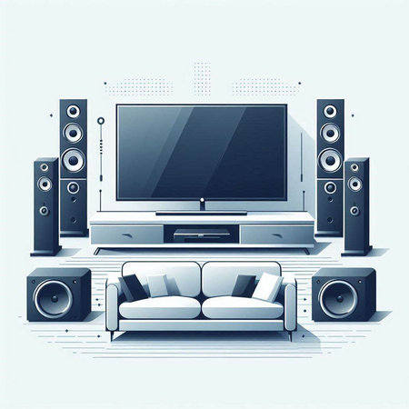 Home theater system with sofa and speakers. 3d vector illustration.のイラスト素材