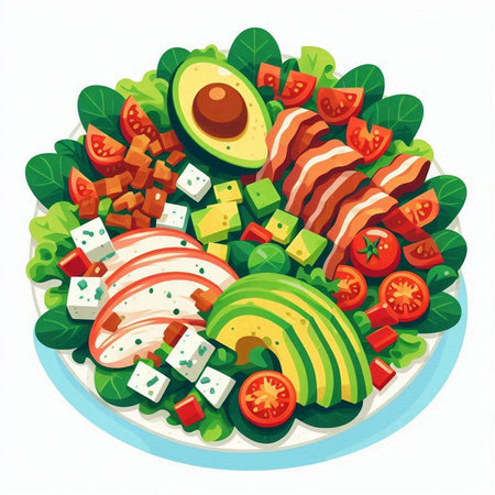 Salad with avocado, cheese, tomato and ham. Vector illustration.のイラスト素材
