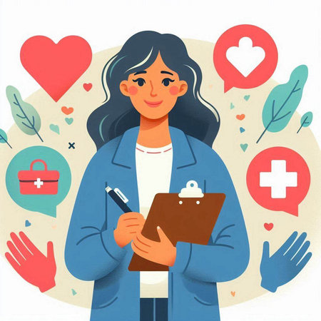 Female doctor with clipboard and medical icons. Vector illustration in flat styleのイラスト素材
