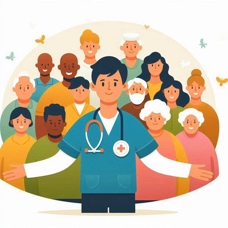 Nurse with a group of people. Vector illustration in flat styleのイラスト素材