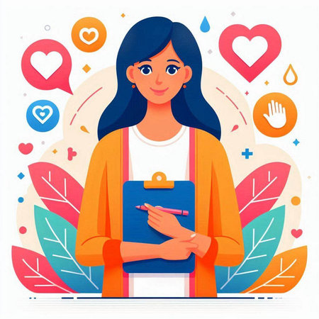 Vector illustration of a young woman with clipboard and social media icons. Flat style.のイラスト素材
