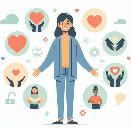 Vector illustration of young woman standing in front of social media icons.のイラスト素材