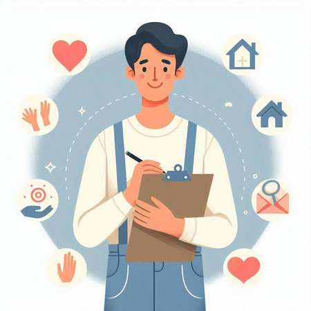 Young man in overalls with a clipboard and a pen. Vector illustration.のイラスト素材