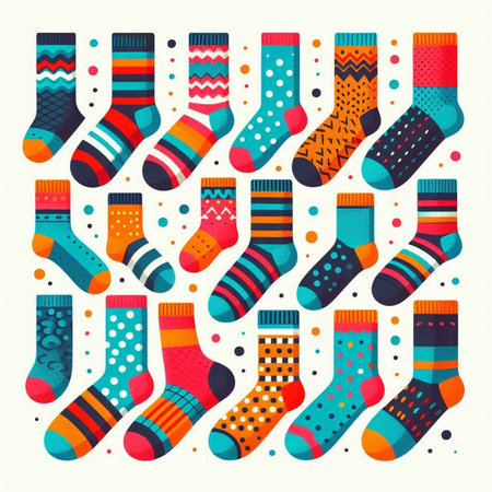 Set of colorful socks with different patterns on white background. Vector illustration.のイラスト素材