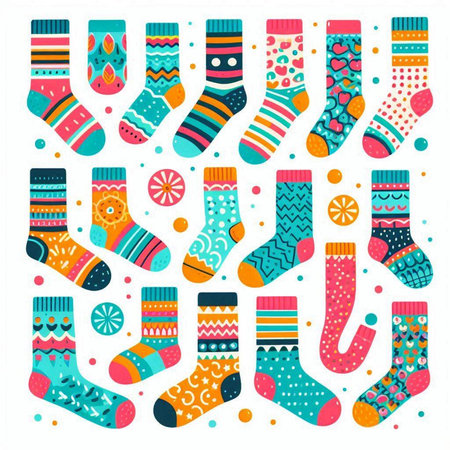 Set of colorful socks for Christmas and New Year. Vector illustration.のイラスト素材
