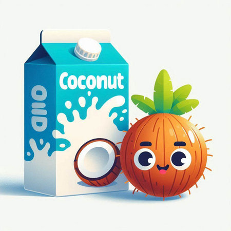 Coconut milk box with cute cartoon character. Vector illustration.のイラスト素材