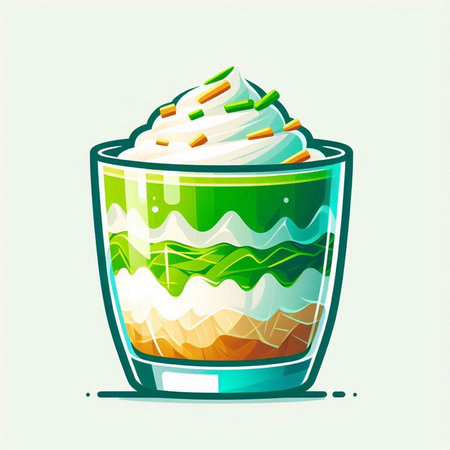 Illustration of glass cup with whipped cream and green tea. Vector illustration.のイラスト素材