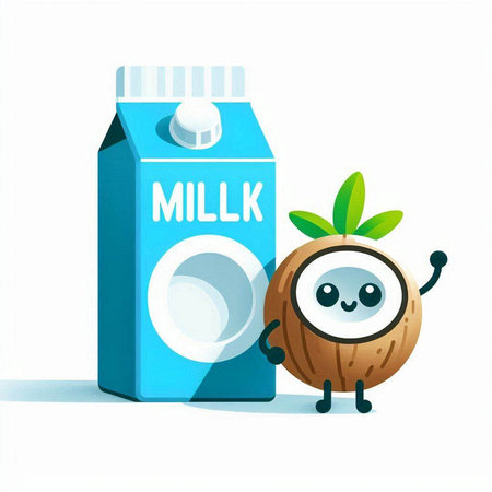 Cute cartoon coconut with milk box on white background. Vector illustration.のイラスト素材