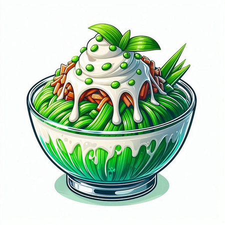 Illustration of a bowl of green tea with ice cream and mintのイラスト素材