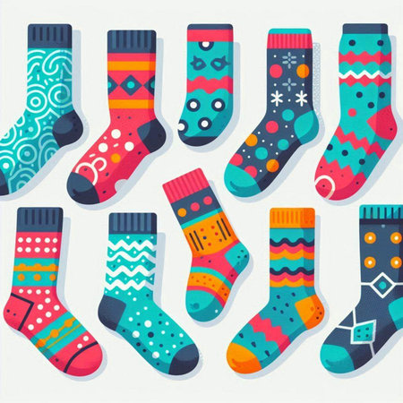 Set of colorful socks for Christmas and New Year. Vector illustration.のイラスト素材