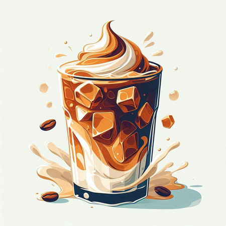 Coffee drink with ice cubes and milk splash. Vector illustration.のイラスト素材