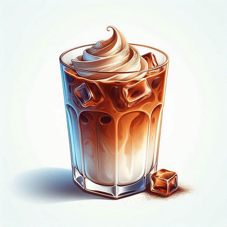 Illustration of a glass of coffee with whipped cream and ice cubesのイラスト素材