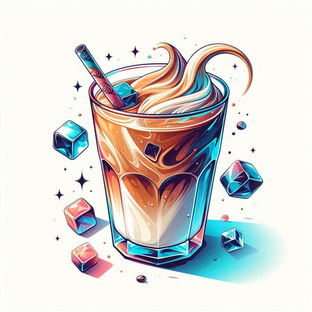 Vector illustration of a glass of iced coffee with ice cubes.のイラスト素材