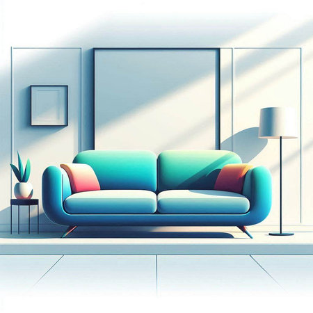 Interior of modern living room with blue sofa 3D render illustrationのイラスト素材