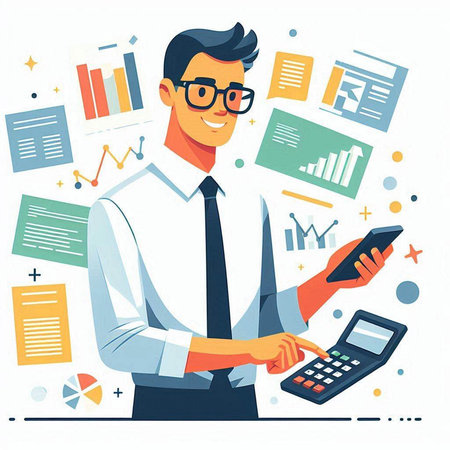 Businessman with calculator and documents. Vector illustration in cartoon style.のイラスト素材