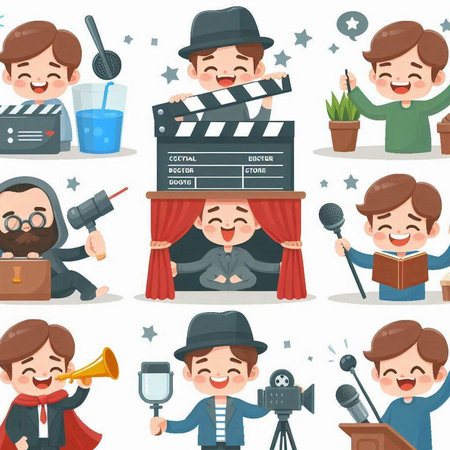 Cinema set with cartoon characters and icons. Vector illustration.のイラスト素材