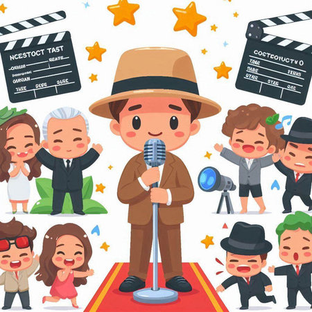 Cinema cartoon characters vector illustration. Cartoon people with microphone and clapperboard.のイラスト素材