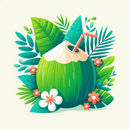 Coconut cocktail with tropical leaves and flower. Vector illustration.のイラスト素材