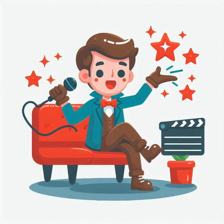 Cartoon man with microphone and movie clapper. Vector illustration.のイラスト素材