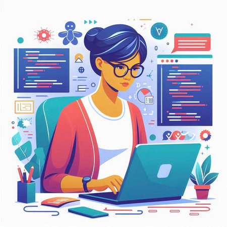 Freelance, remote work. Young woman working on laptop at home. Vector illustrationのイラスト素材