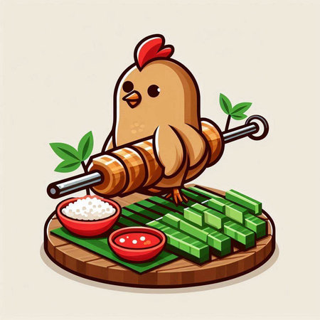 Illustration of a chicken eating sushi on a wooden board with chopsticksのイラスト素材