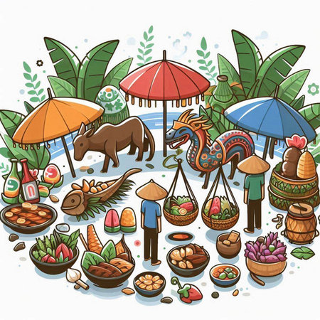 Illustration of a street food market with people and animals - vectorのイラスト素材