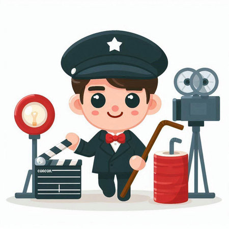 Cute cartoon policeman with movie camera and film reel. Vector illustration.のイラスト素材