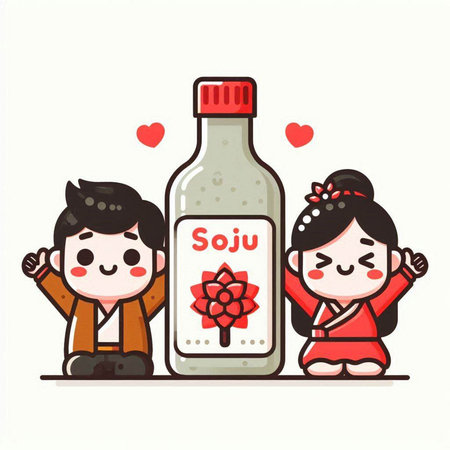 Cute cartoon boy and girl in kimono with a bottle of wine.のイラスト素材