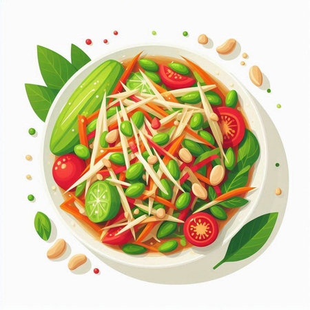 Papaya salad with tomatoes, cucumbers, pepper and nuts. Vector illustrationのイラスト素材
