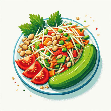 Green papaya salad with fresh vegetables, healthy food vector illustration.のイラスト素材