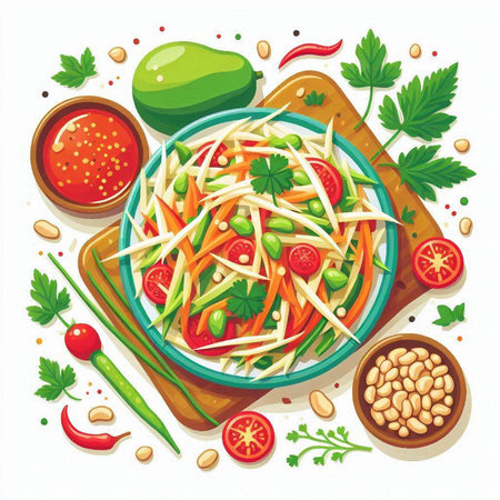Vegetable salad with soy sauce, cucumber, onion, carrot, tomato, pepper, parsley, celery, soybean and green beans. Vector illustrationのイラスト素材