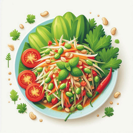 Somtum spicy salad on white background. Vector illustration.のイラスト素材