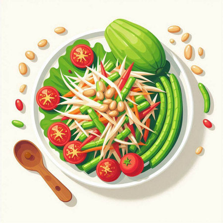 Illustration of papaya salad with cucumber, tomatoes and beanのイラスト素材