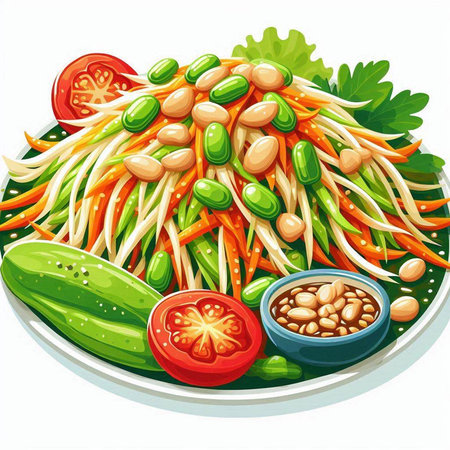 Illustration of a plate of green papaya salad with bean sproutsのイラスト素材