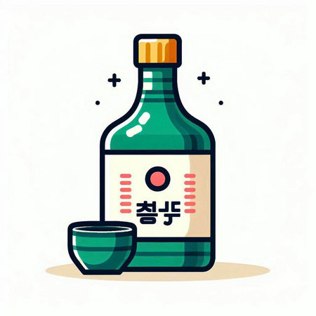 Sake bottle and cup of sake. Vector illustration in cartoon style.のイラスト素材