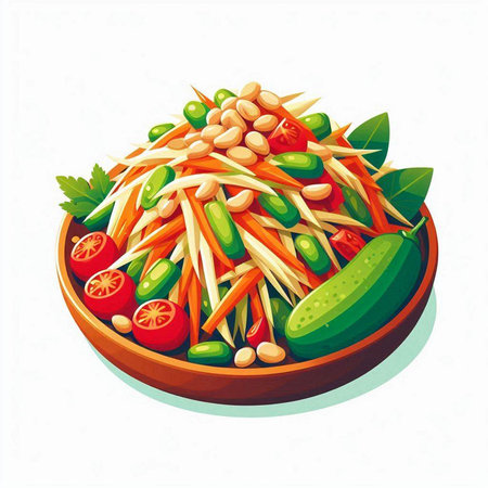 Spicy papaya salad in a wooden bowl. Vector illustration.のイラスト素材