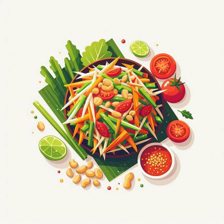 Papaya salad with fresh vegetables on a white background. Vector illustration.のイラスト素材