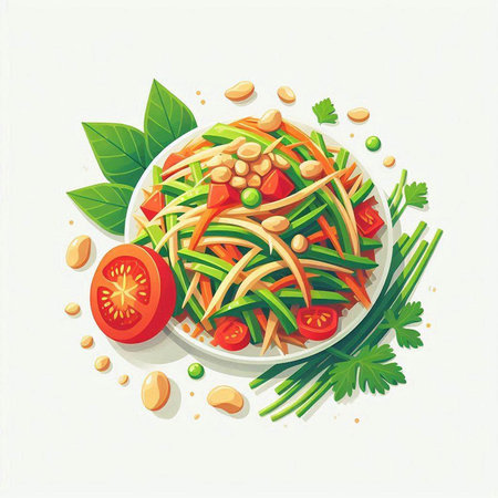 Green papaya salad with tomatoes and pine nuts. Vector illustration.のイラスト素材
