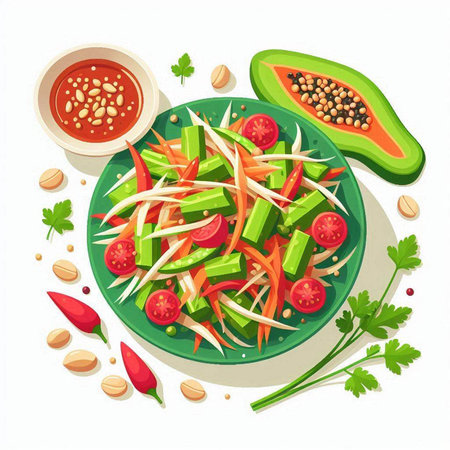 Papaya salad with papaya, zucchini, tomato, onion, celery and sesame seeds. Vector illustrationのイラスト素材