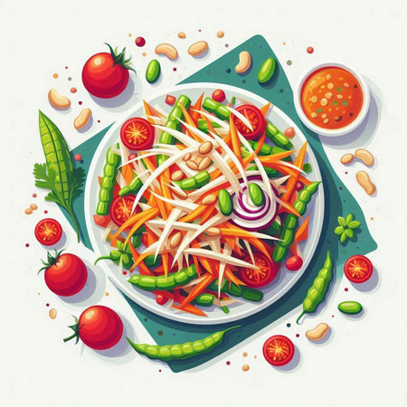 Vegetable salad with sesame seeds, tomato, cucumber, onion and soy sauce. Vector illustrationのイラスト素材