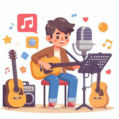 Young boy playing guitar and singing song in recording studio. Cartoon vector illustrationのイラスト素材