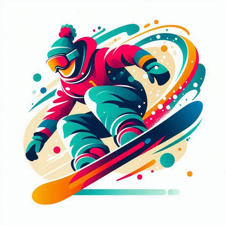 Snowboarder jumping on the background of colored elements. Vector illustration.のイラスト素材