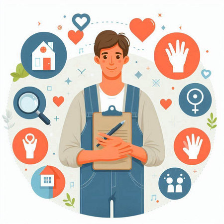 Flat design vector illustration concept of young man holding clipboard with checklist in his hands.のイラスト素材
