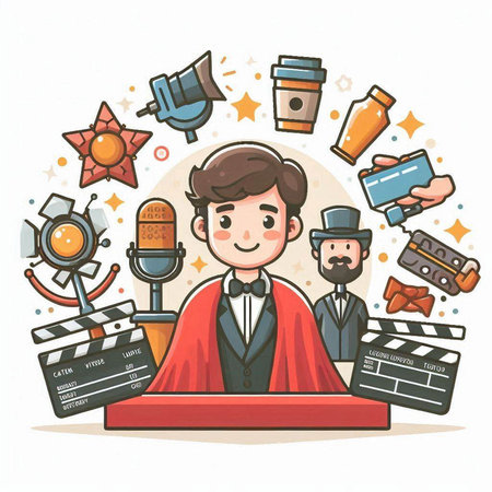 Cinema concept. Vector cartoon illustration of a man in a red cape with a microphone.のイラスト素材