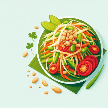 Green papaya salad with beans, tomato and cucumber. Vector illustrationのイラスト素材