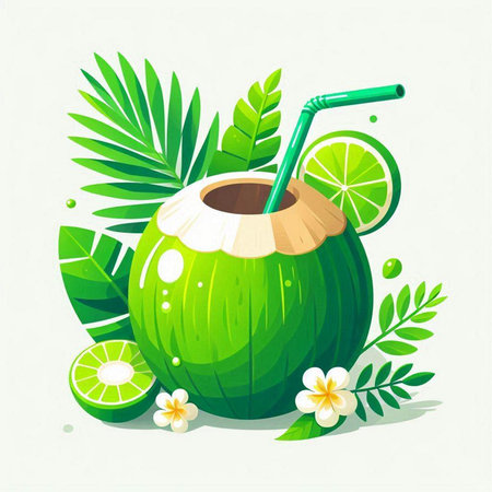 Coconut cocktail with green leaves and flower. Vector illustration.のイラスト素材