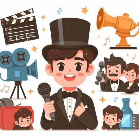 Cute cartoon boy in black top hat and bowler costume with microphone and camera. Vector illustration.のイラスト素材
