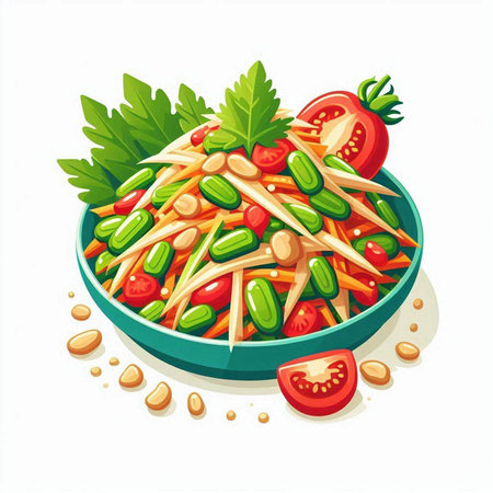 Vector illustration of papaya salad with tomatoes, cucumbers and herbsのイラスト素材